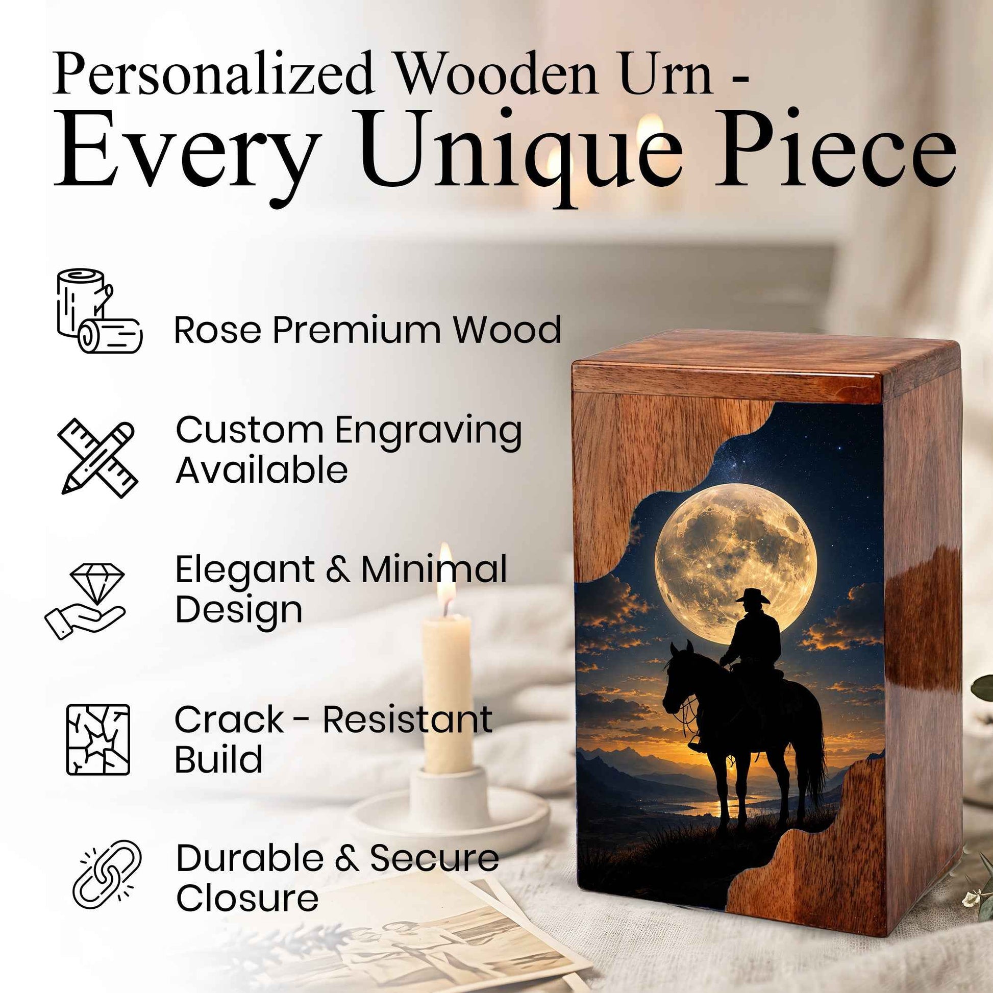 Cowboy Wooden Cremation Urn for Human Ashes