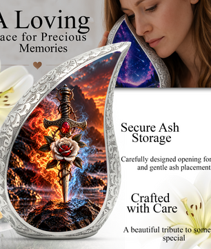 Sword and Rose Cremation Urn for Adult Ashes, Gothic Memorial Urn