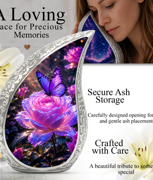 Flower Urn for Mom and Women – Blue Velvet Butterfly Keepsake Cremation Urn for Mom,