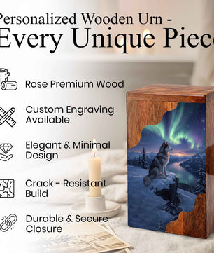 Wolf Wooden Cremation Urn – Northern Lights Memorial Urn | Custom Wooden Urn for Human Ashes