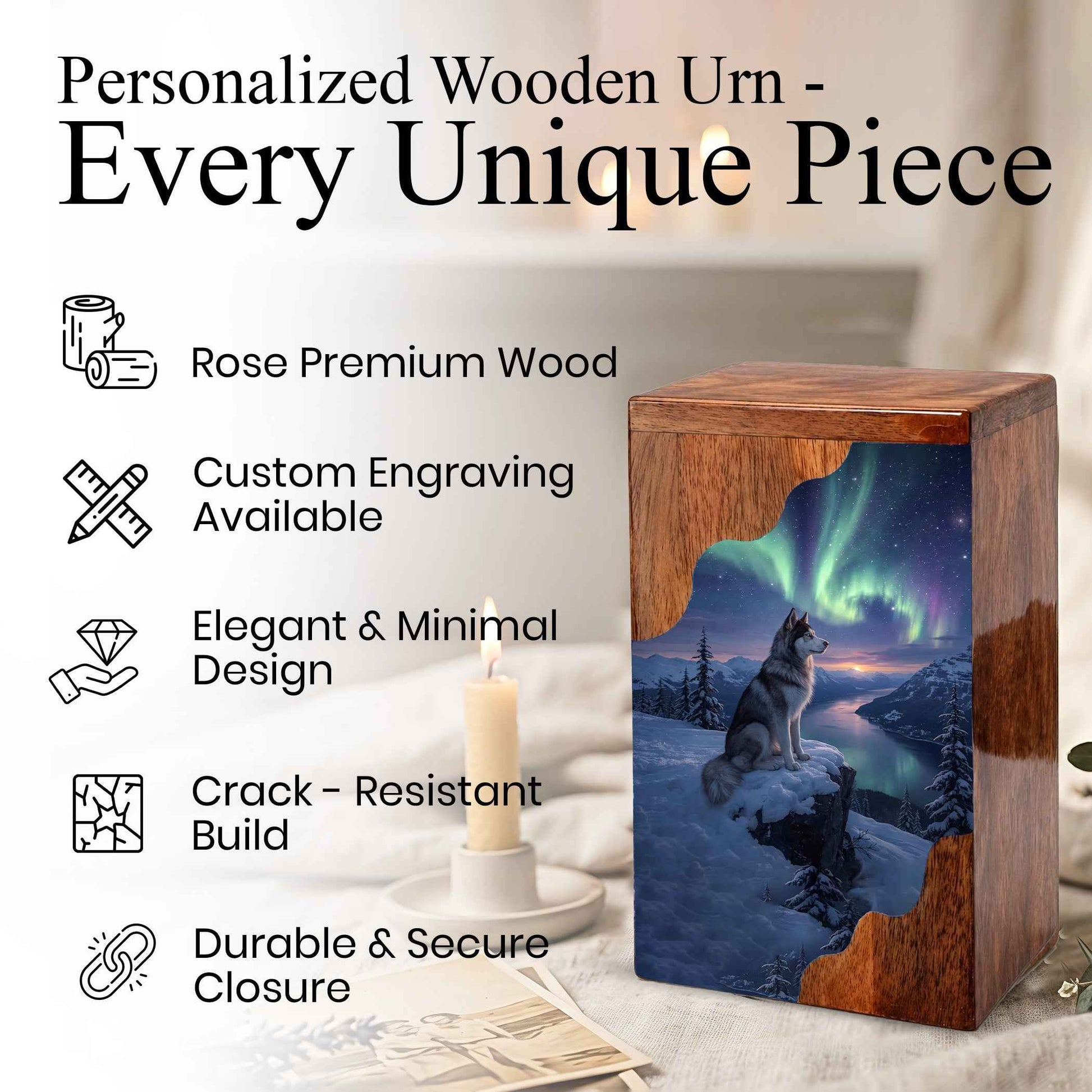 Wolf Wooden Cremation Urn – Northern Lights Memorial Urn | Custom Wooden Urn for Human Ashes