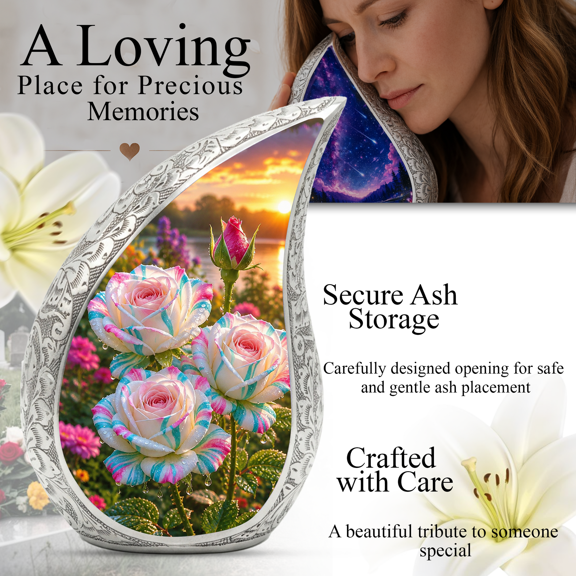 White Rose Adult Urn for Human Ashes – Elegant Memorial Urn for Mom,