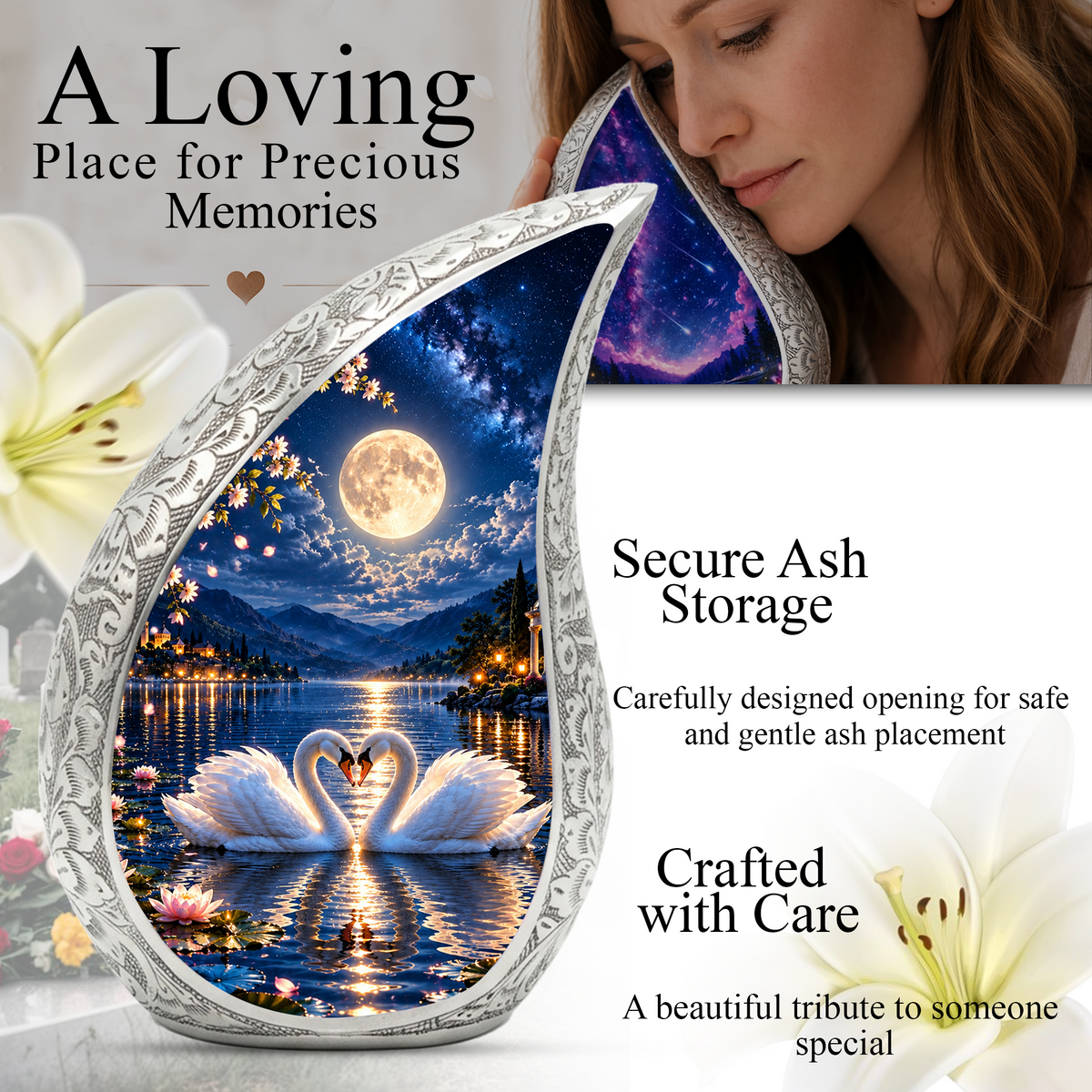 Swan Urn for Ashes, Romantic Swan Lake Cremation Urn for human Ashes