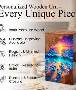 Coastal Butterfly Wooden Cremation Urn – Butterfly Memorial Urn for Human Ashes