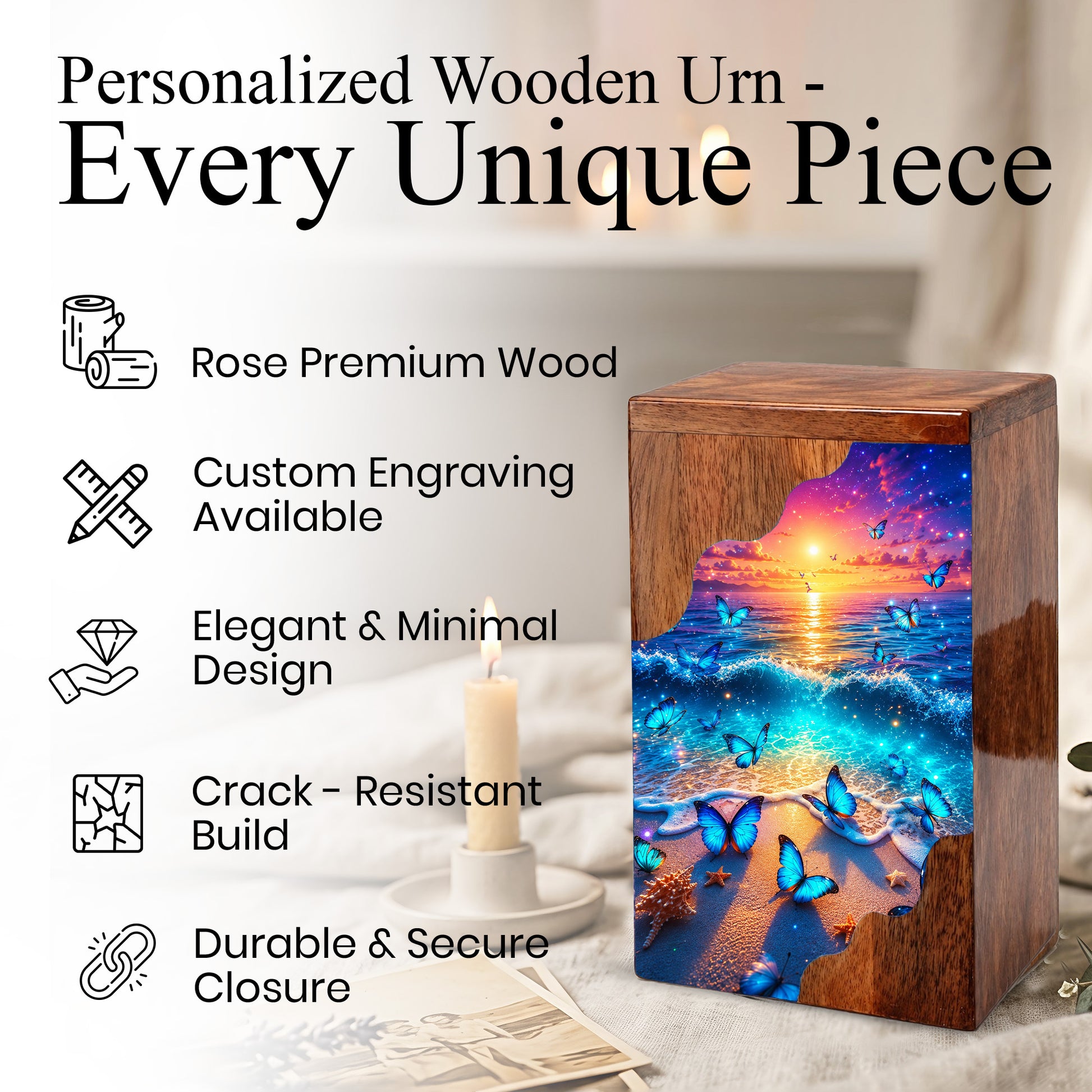 Coastal Butterfly Wooden Cremation Urn – Butterfly Memorial Urn for Human Ashes