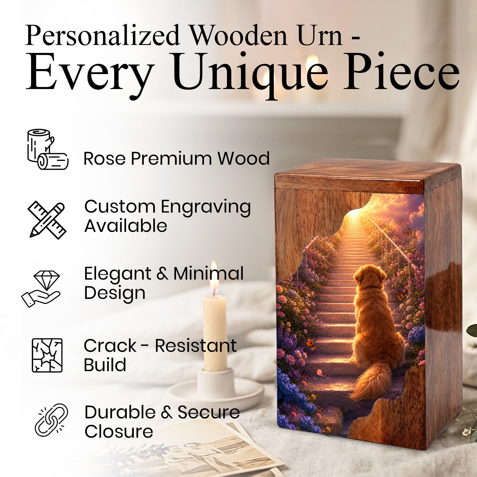 Dog Wooden Cremation Urn – Pet Memorial Urn for Dog Ashes