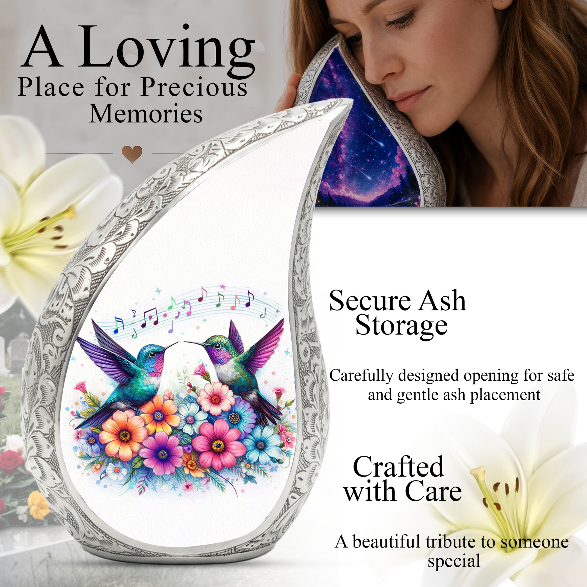 Beautiful Hummingbird with flowers Cremation Urn for Adult Ashes