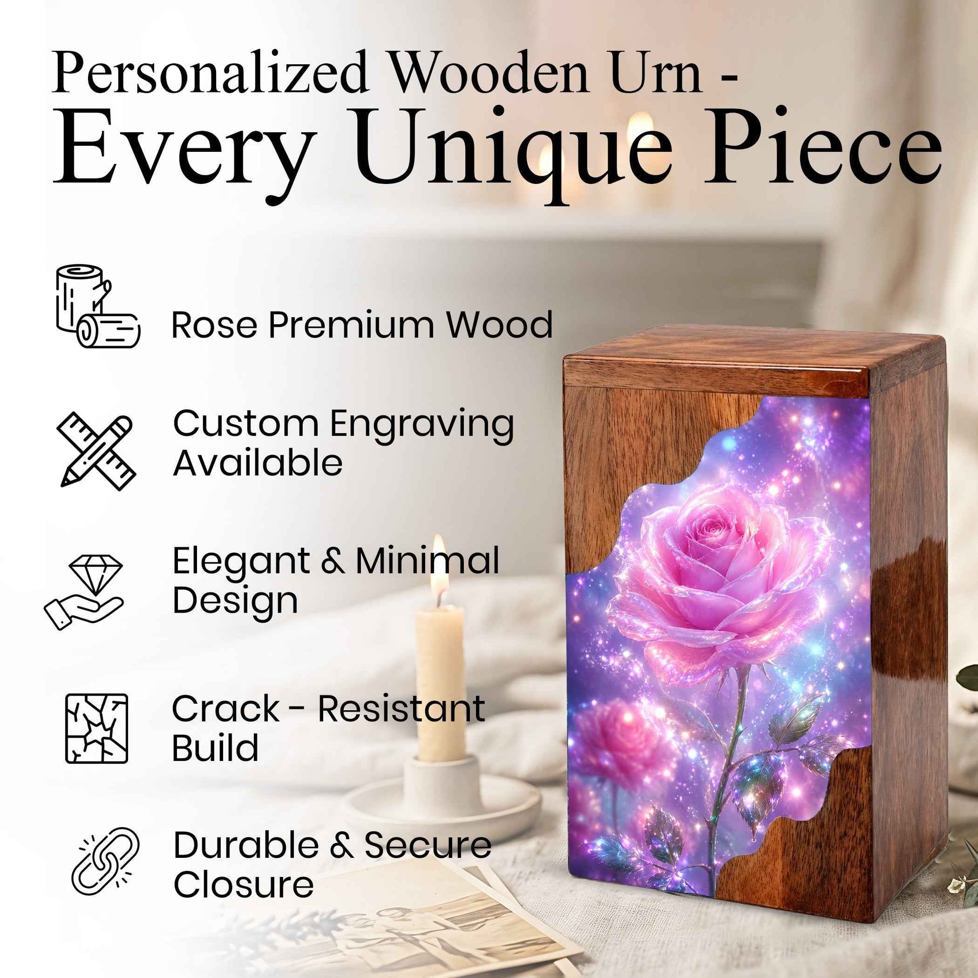 Pink Rose Wooden Cremation Urn – Wooden Urn for Human Ashes