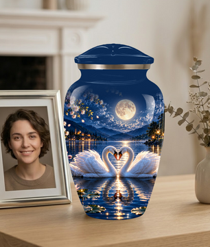 Personalized Adult Cremation Urn for Ashes, Two Swans Under the Full Moon Memorial Urn
