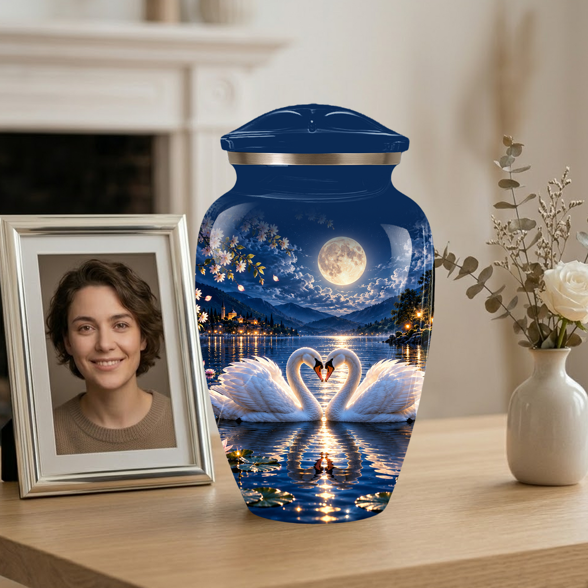 Personalized Adult Cremation Urn for Ashes, Two Swans Under the Full Moon Memorial Urn
