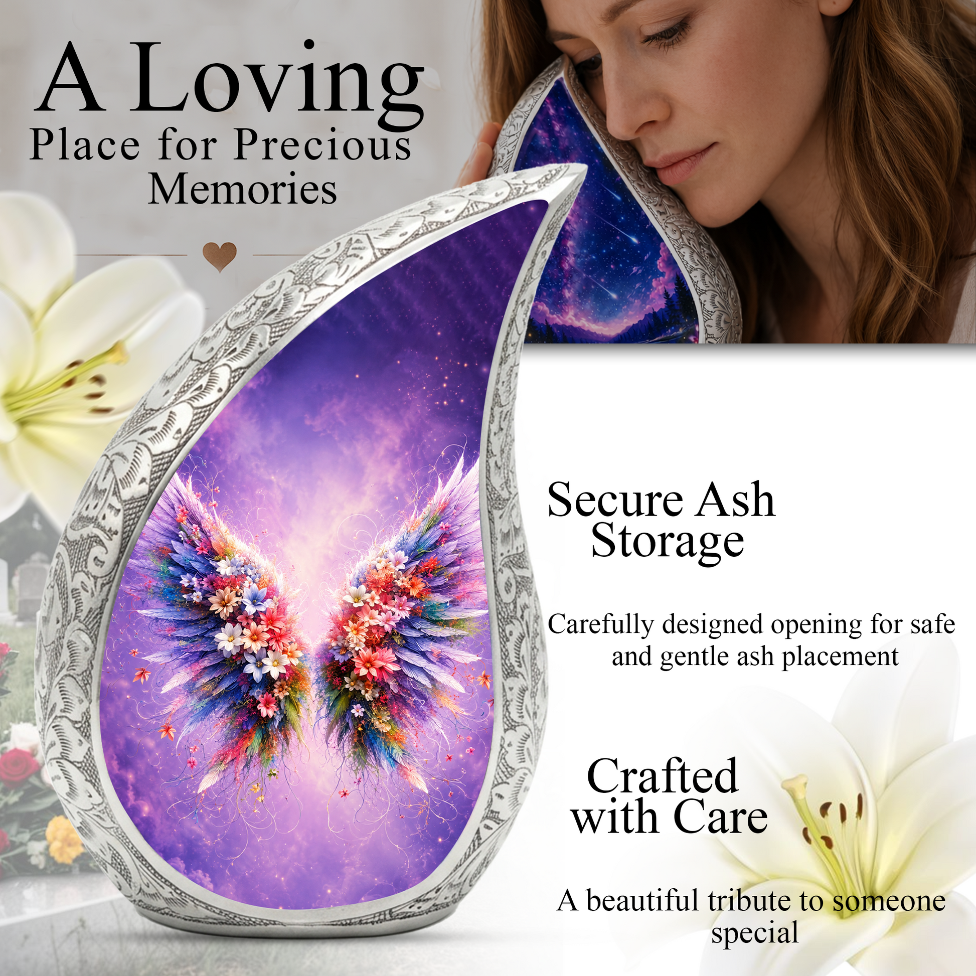 Angel Wings Memorial Urn for Mom, Beautiful Cremation Urn for Women