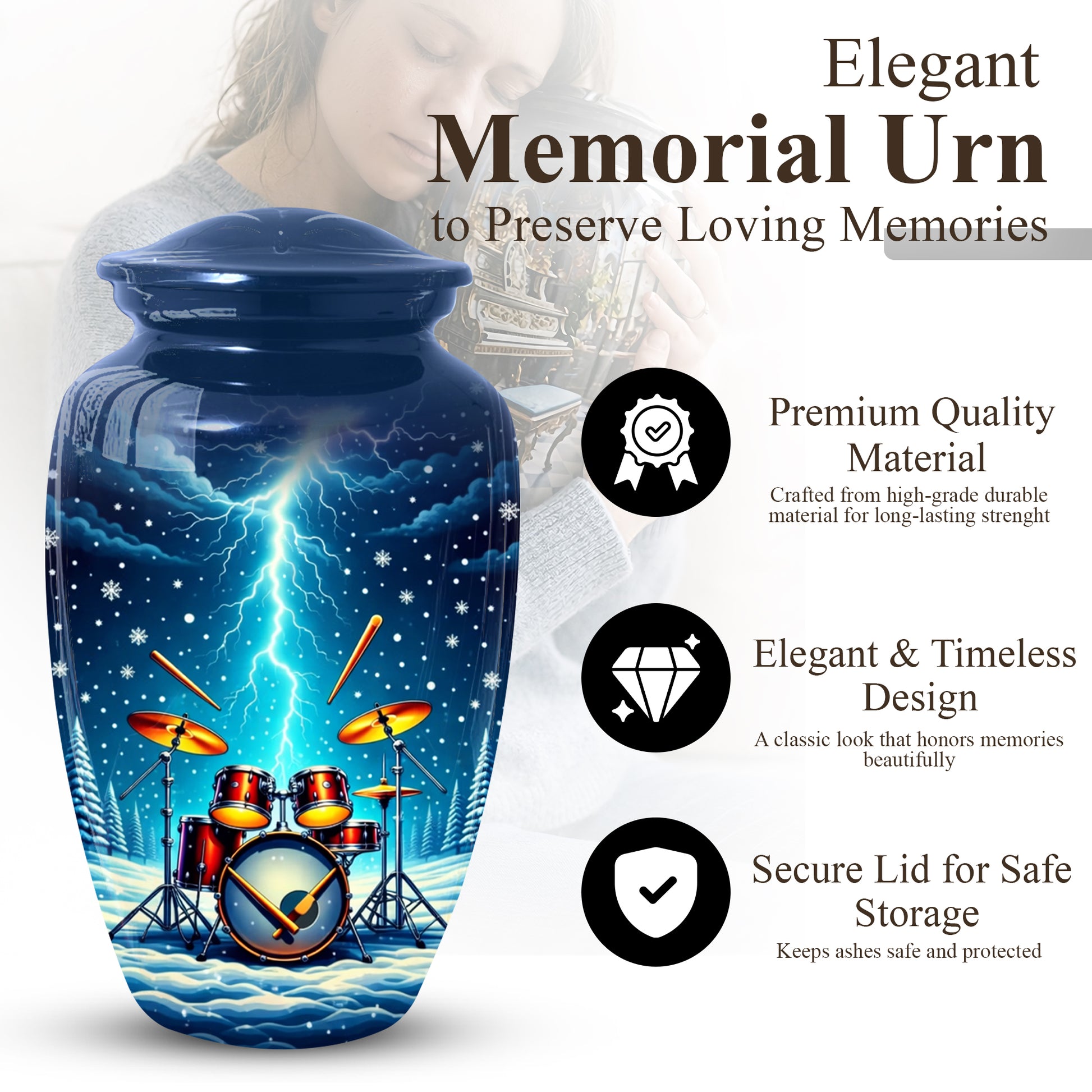 Drummer Adult Cremation Urn | Drum Set Funeral Urn | Music Memorial Adult Large Urn for Human Ashes