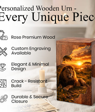 Lion Wooden Cremation Urn – Wooden Urn for Human Ashes | Memorial Urn for Dad