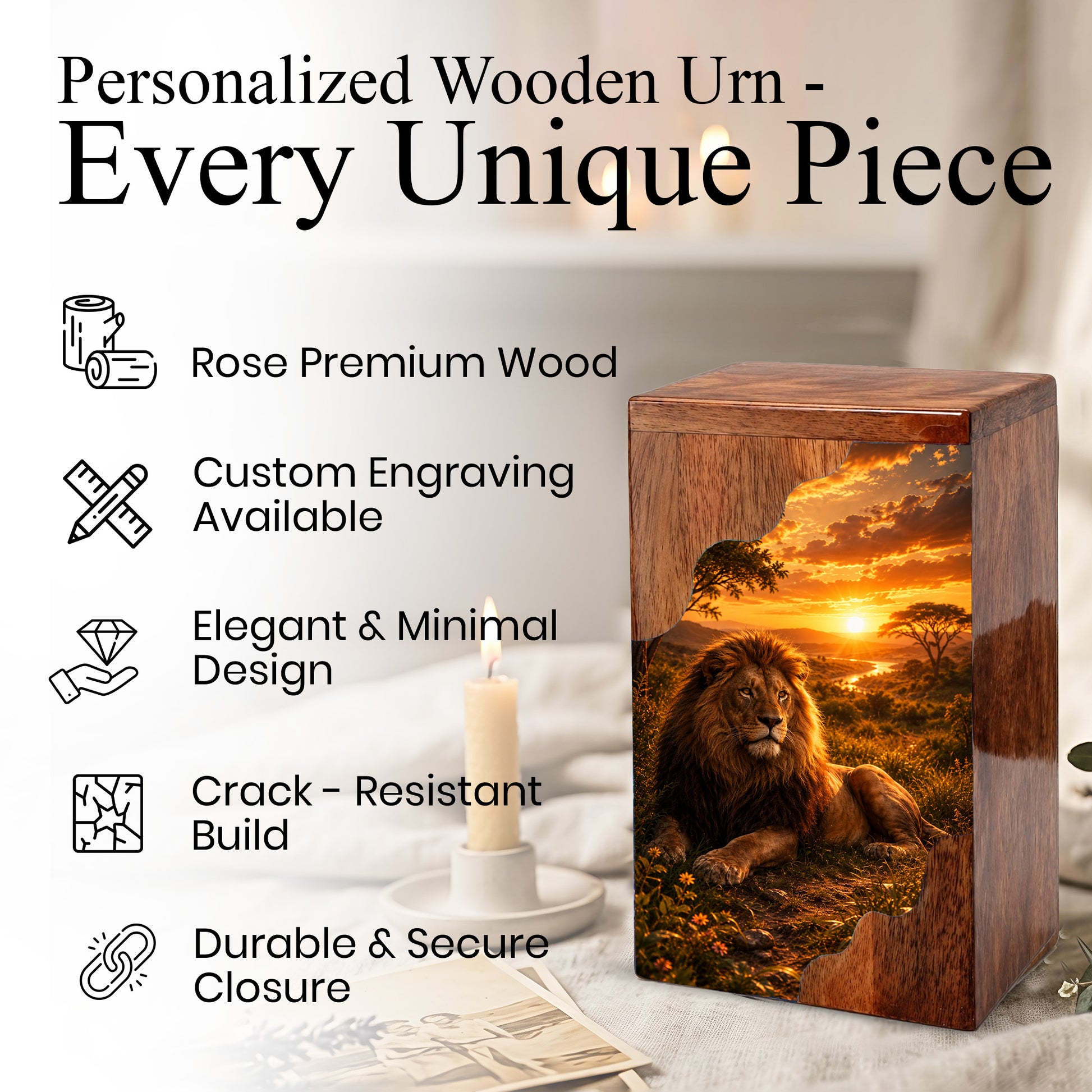 Lion Wooden Cremation Urn – Wooden Urn for Human Ashes | Memorial Urn for Dad