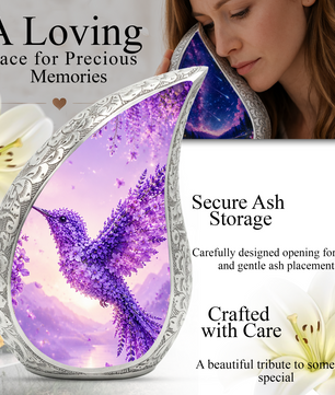 Hummingbird Urn for Human Ashes | Purple Floral Adult Cremation Urn | Beautiful Hummingbird Memorial Urn for Adult Ashes