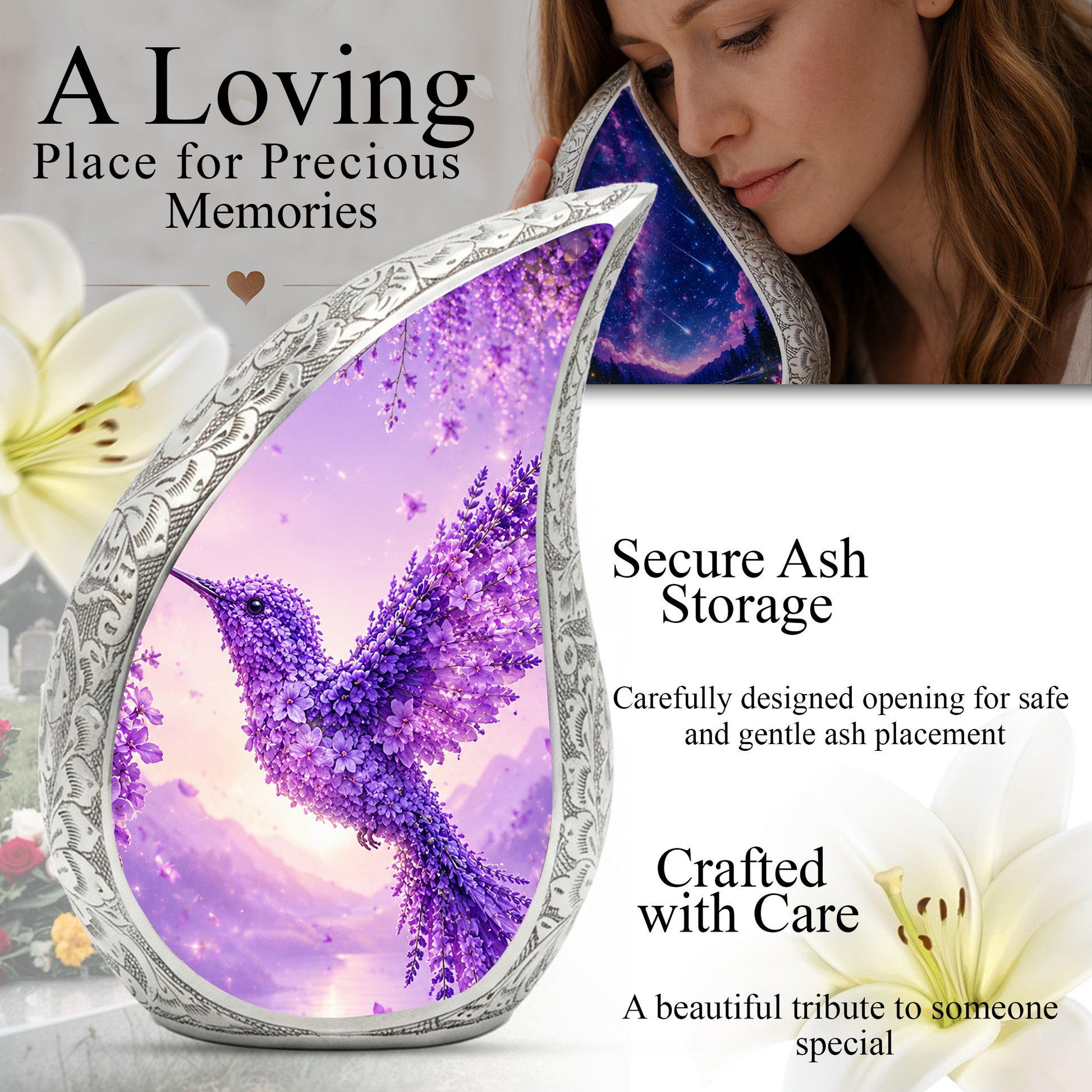 Hummingbird Urn for Human Ashes | Purple Floral Adult Cremation Urn | Beautiful Hummingbird Memorial Urn for Adult Ashes