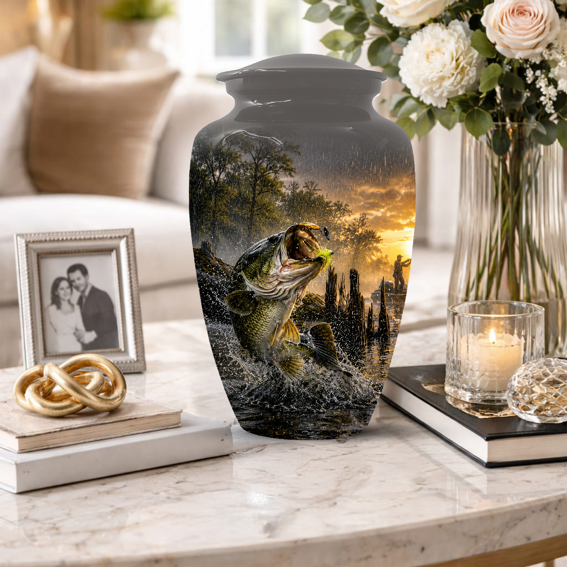 Fishing Urn for Dad - Bass Fisherman Memorial KeepsakeUrns,Personalized Lake Tribute