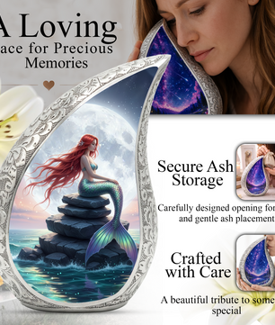 Mermaid Personalized Cremation Urn for Mom – Teardrop Style Aluminum Memorial Urn, 10 Inch