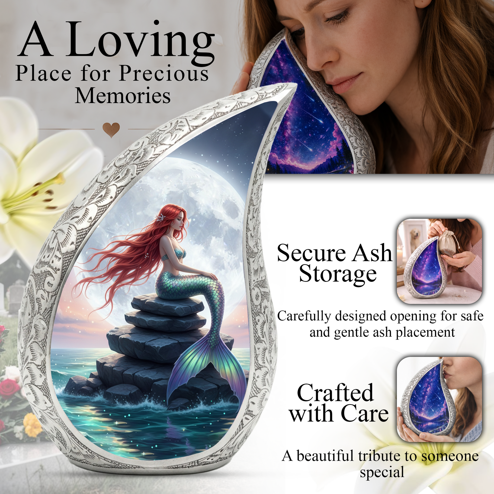 Mermaid Personalized Cremation Urn for Mom – Teardrop Style Aluminum Memorial Urn, 10 Inch
