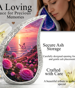 Flower Beach Urn for Mom – Pink Rose Ocean Sunset Cremation Urn for Human Ashes,