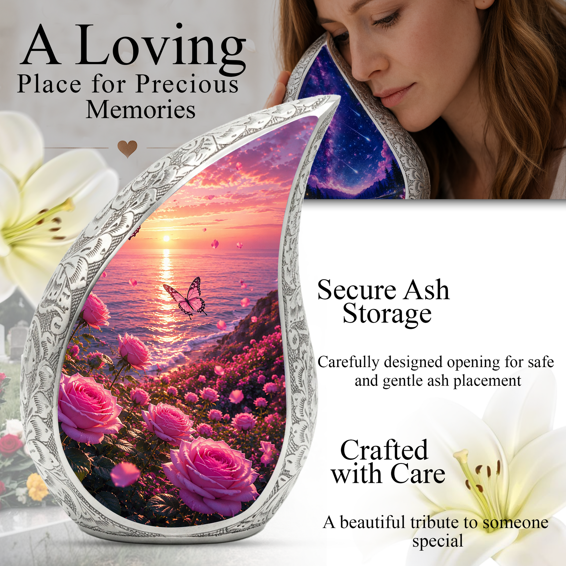 Flower Beach Urn for Mom – Pink Rose Ocean Sunset Cremation Urn for Human Ashes,