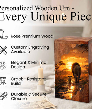Lion Wooden Cremation Urn for Dad | Personalized Wooden Urn for Human Ashes