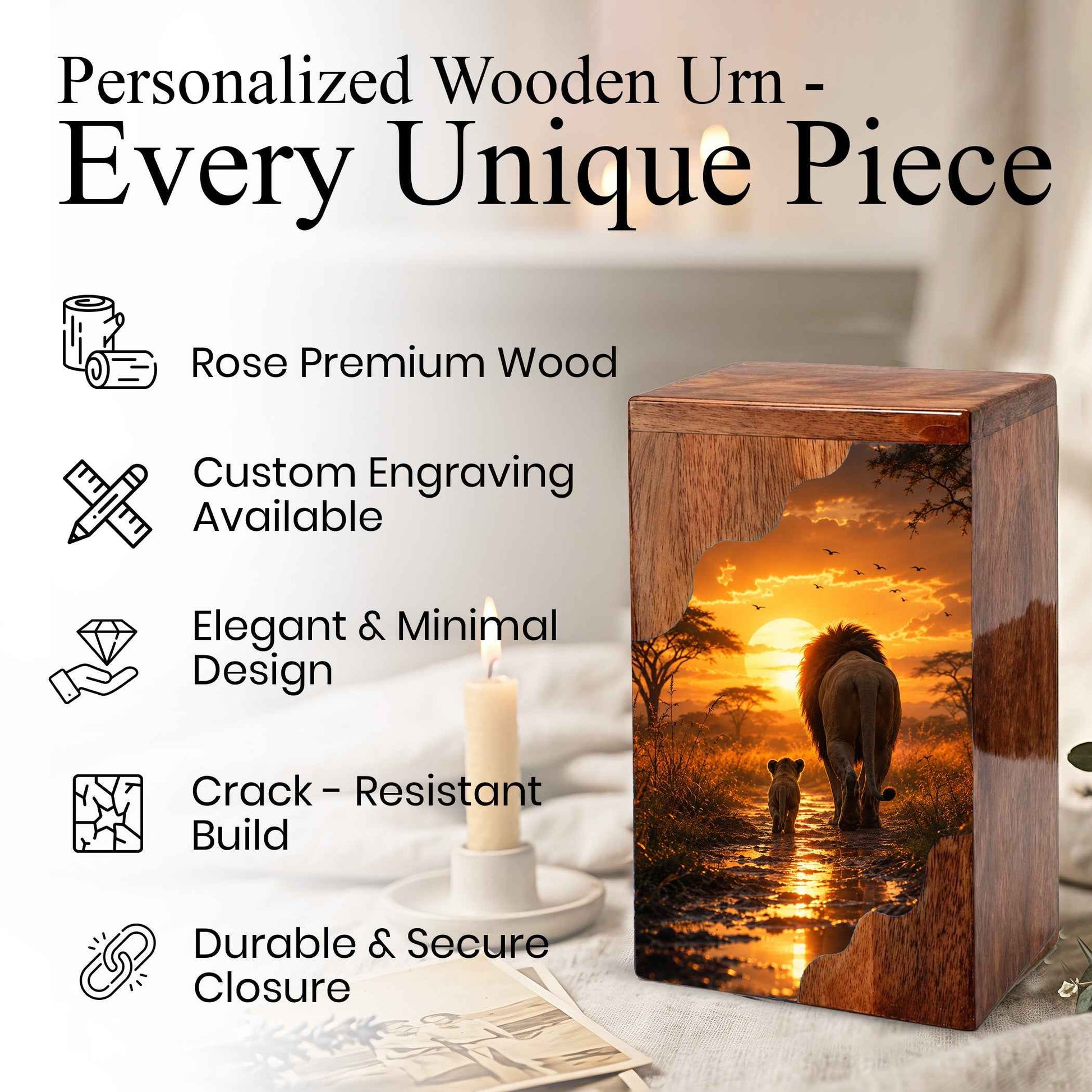 Lion Wooden Cremation Urn for Dad | Personalized Wooden Urn for Human Ashes