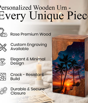 Beach Wooden Cremation Urn for Human Ashes | Tropical Sunset Memorial Urn