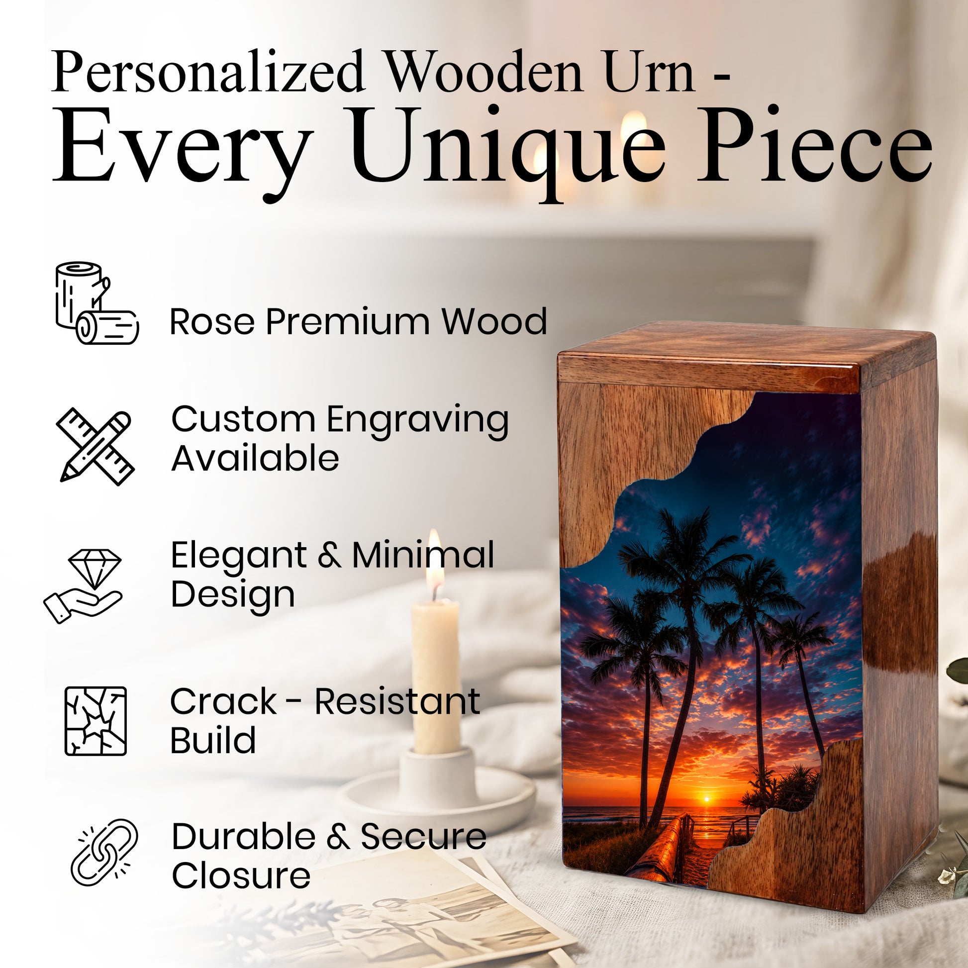 Beach Wooden Cremation Urn for Human Ashes | Tropical Sunset Memorial Urn