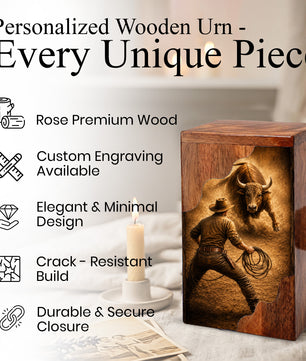 Western Cowboy Cremation Urn – Wooden Urn for Human Ashes