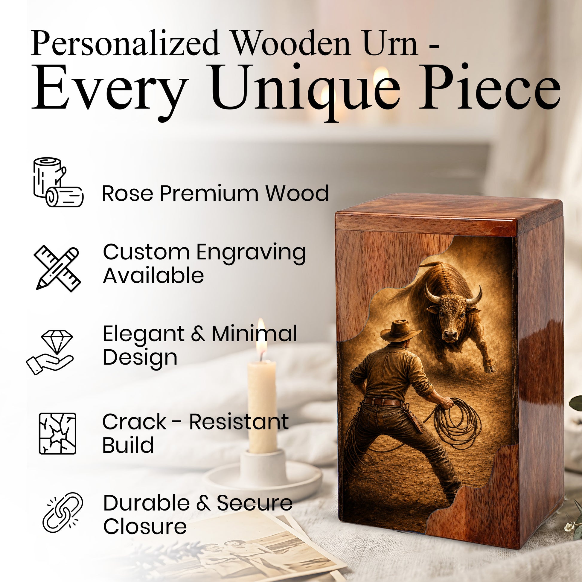 Western Cowboy Cremation Urn – Wooden Urn for Human Ashes