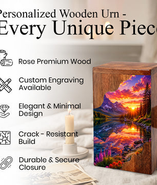 Sunset Wooden Cremation Urn – Mountain Lake Memorial Urn for Human Ashes