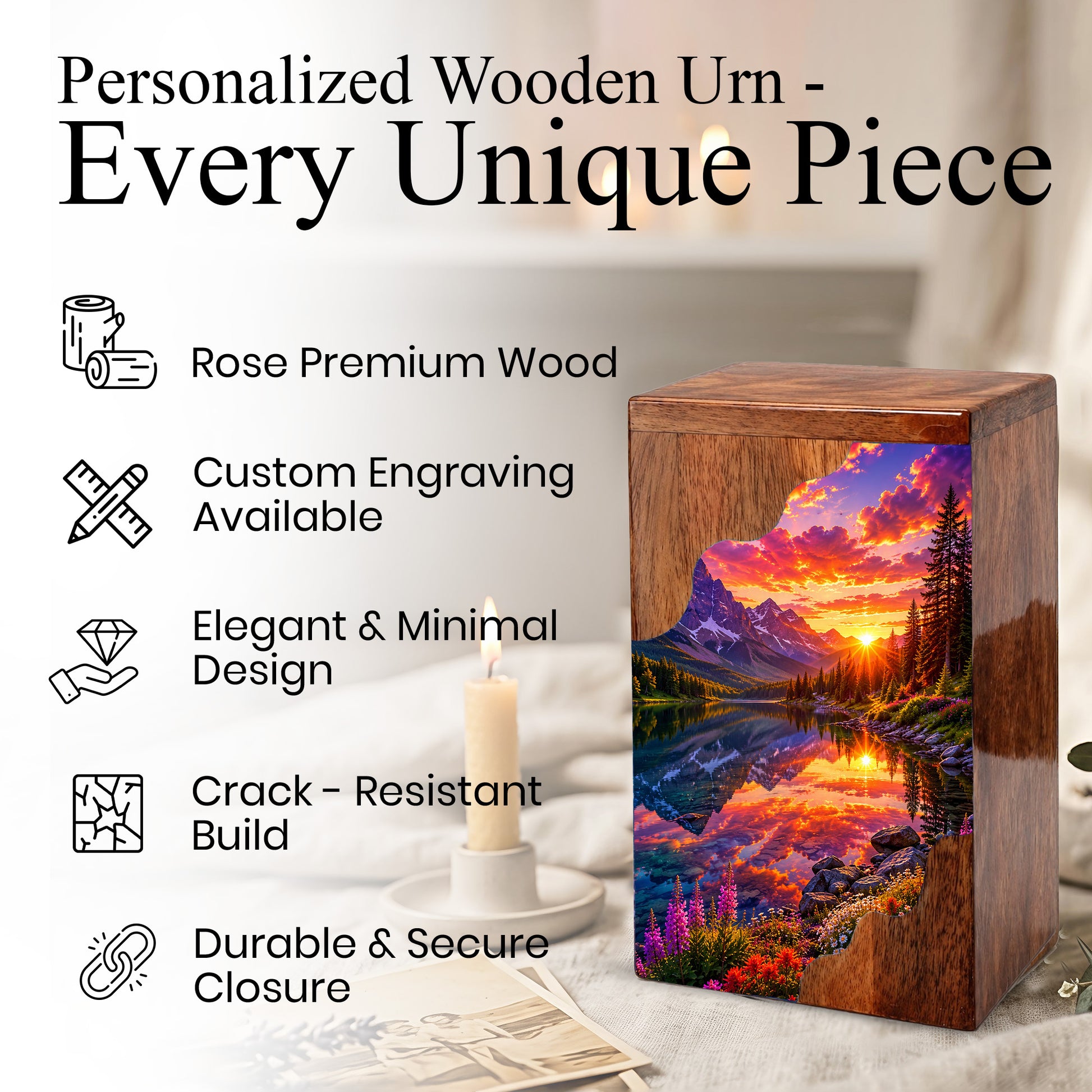 Sunset Wooden Cremation Urn – Mountain Lake Memorial Urn for Human Ashes