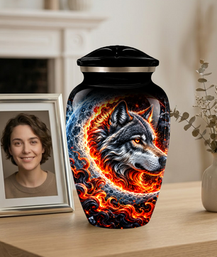 Personalized Wolf Cremation Urn for Ashes, Fiery Wolf Adult Memorial Urn,  Custom Adult Urn
