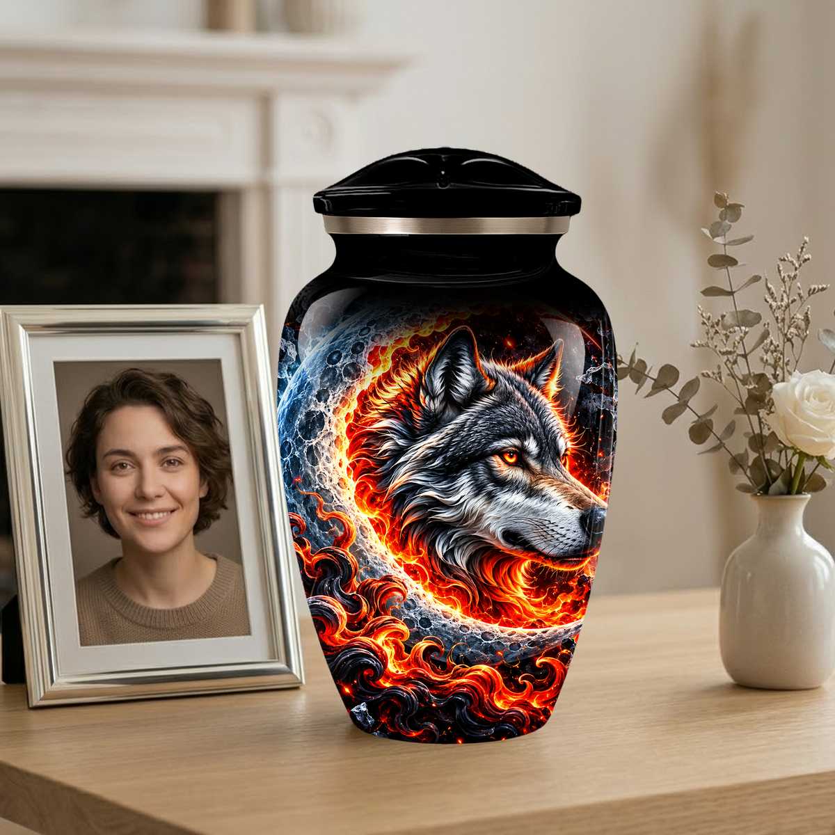 Personalized Wolf Cremation Urn for Ashes, Fiery Wolf Adult Memorial Urn,  Custom Adult Urn
