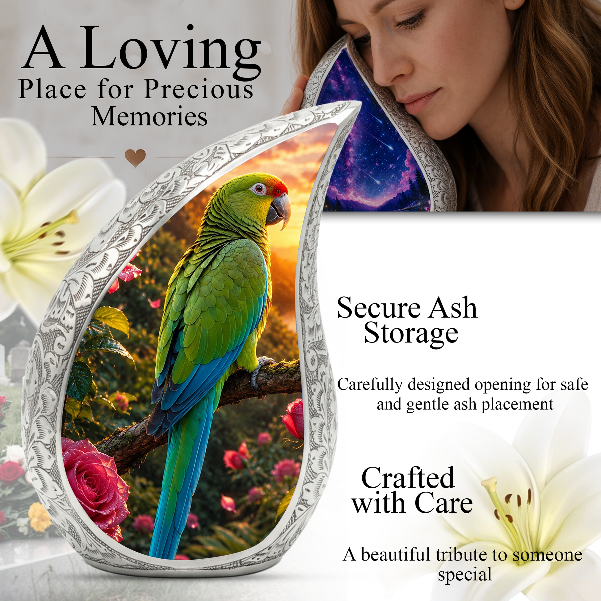 Personalized Parrot Urn for Mom – Forest Urn for Ashes | Cremation Urn for Men & Women