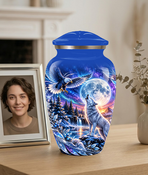 Personalized Adult Cremation Urn for Ashes, Custom Wolf and Eagle Memorial Urn, Blue Moonlight Fantasy Wildlife Design