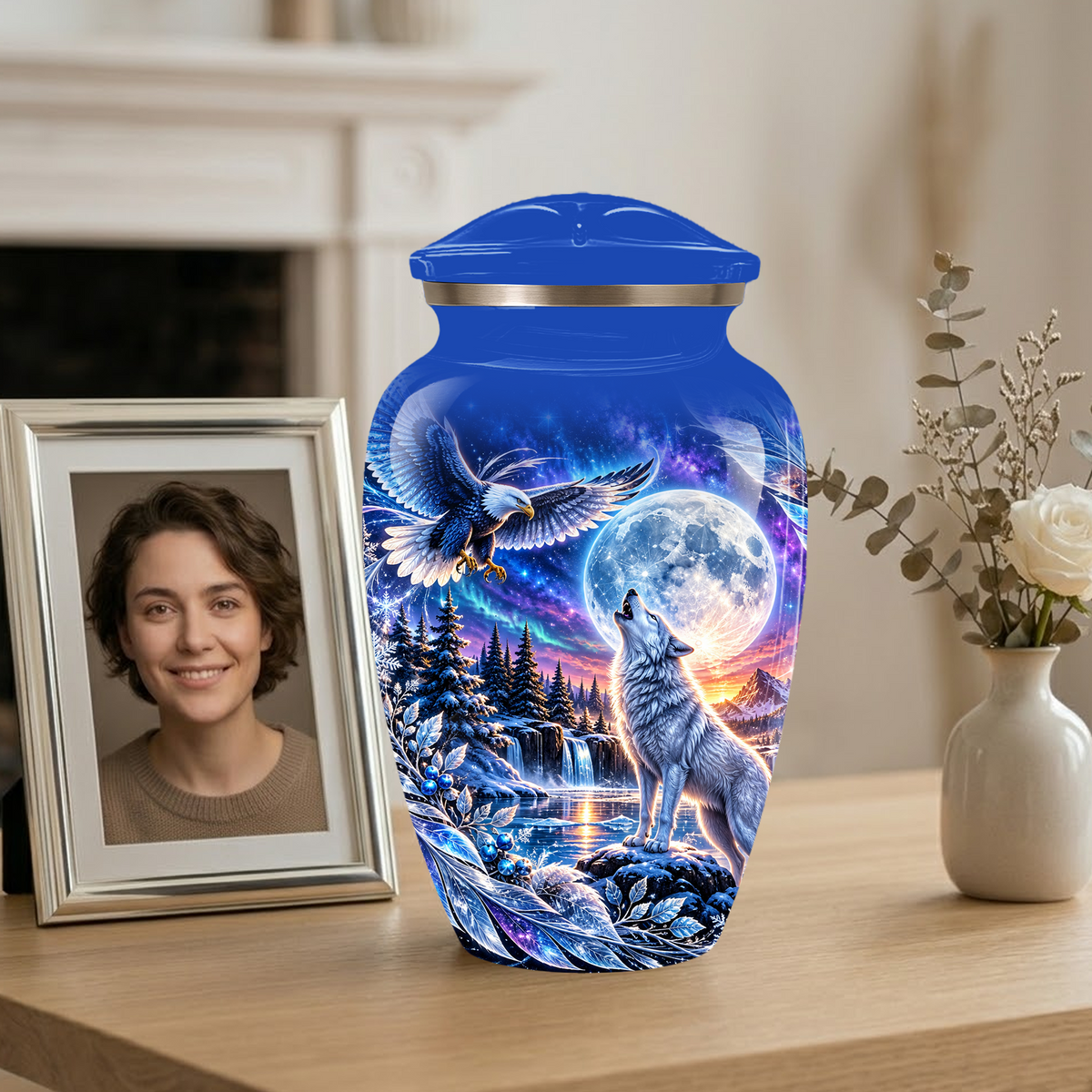 Personalized Adult Cremation Urn for Ashes, Custom Wolf and Eagle Memorial Urn, Blue Moonlight Fantasy Wildlife Design