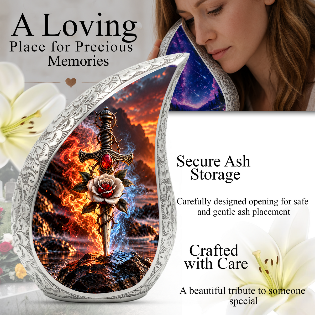 Sword and Rose Cremation Urn for Dad - Gothic Memorial Urn for Ashes