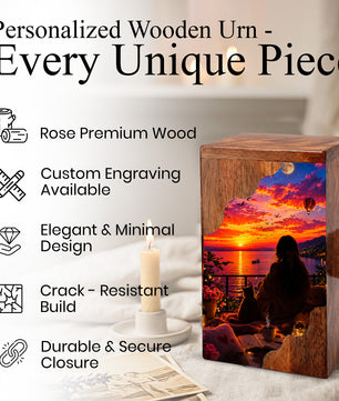Sunset Balcony Wooden Cremation Urn – Peaceful Evening Memorial Urn with Ocean View Artwork