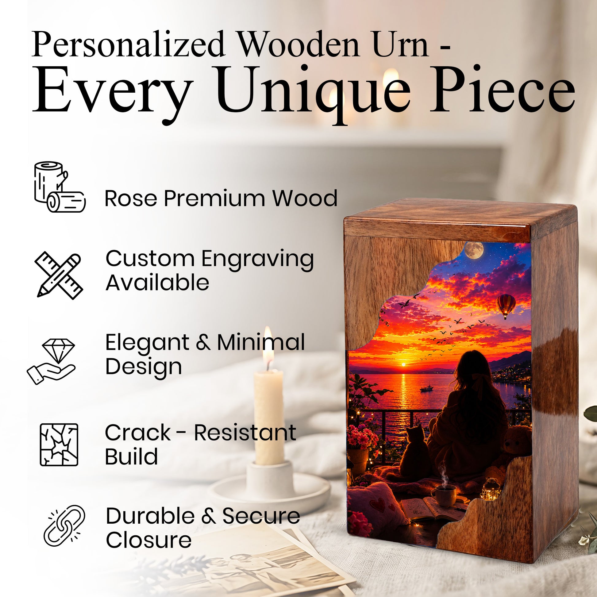 Sunset Balcony Wooden Cremation Urn – Peaceful Evening Memorial Urn with Ocean View Artwork
