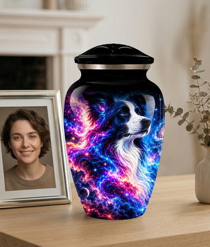 Cosmic Border Collie Cremation Urn for Adult Ashes, Black and White Dog Memorial Urn with Glowing Blue Pink Galaxy and Celestial Stars Artwork
