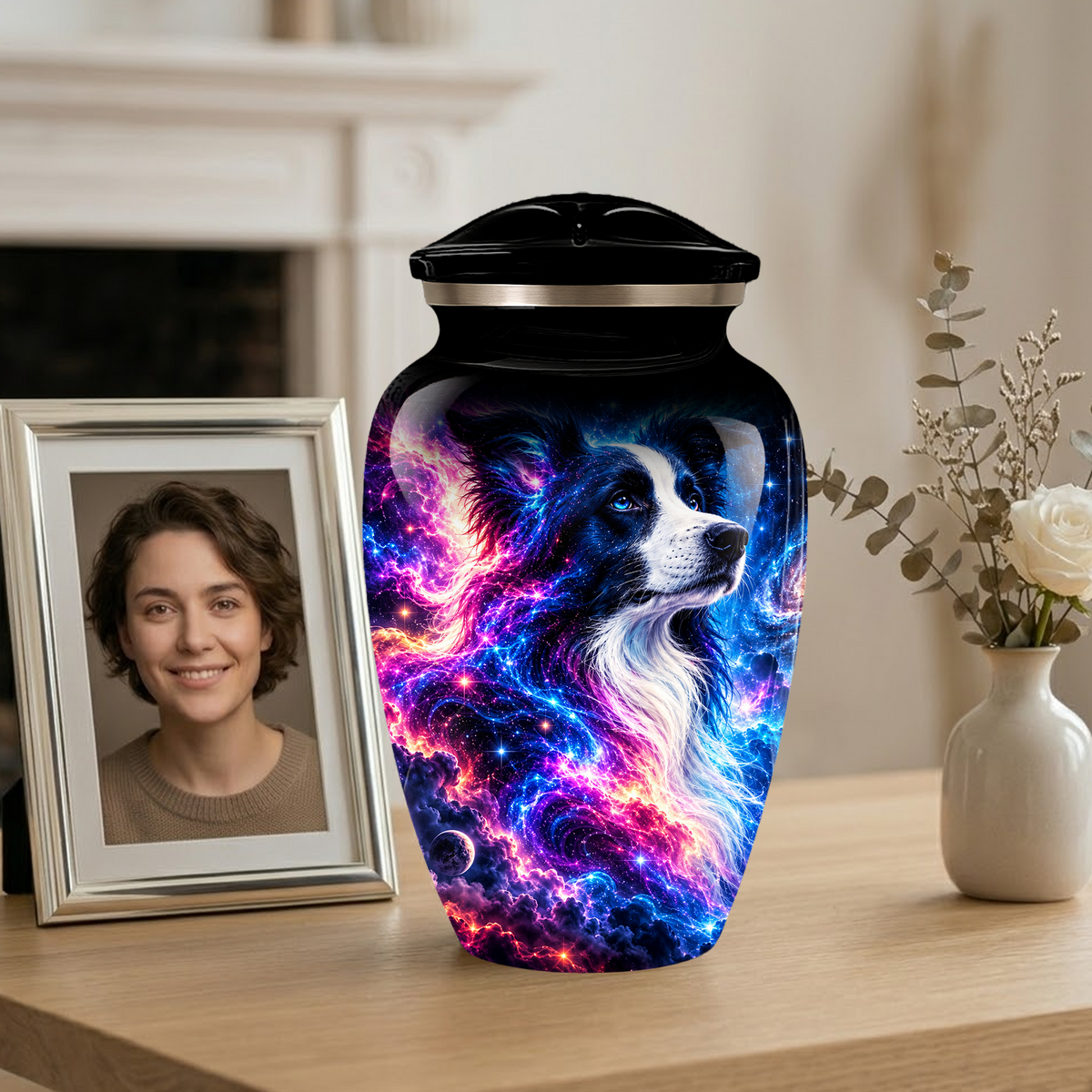 Cosmic Border Collie Cremation Urn for Adult Ashes, Black and White Dog Memorial Urn with Glowing Blue Pink Galaxy and Celestial Stars Artwork