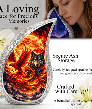 Wolf and Phoenix Urn for Human Ashes, Adult Cremation Urn with Fiery Phoenix and Black Wolf