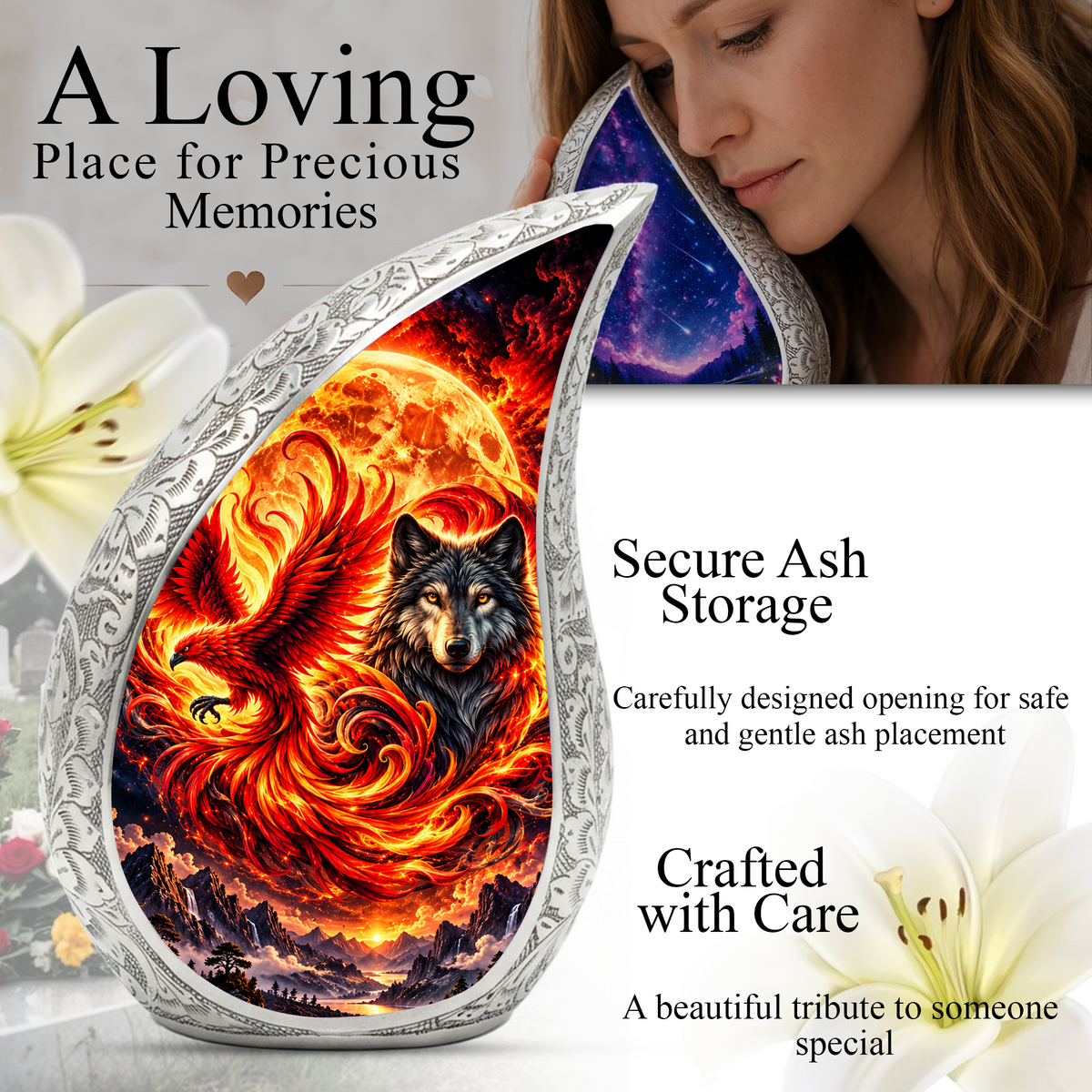 Wolf and Phoenix Urn for Human Ashes, Adult Cremation Urn with Fiery Phoenix and Black Wolf