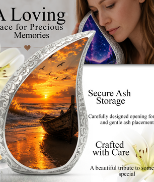 Beach Boat Cremation Urn for Human Ashes | Ocean Sunset Beach Themed Memorial Urn