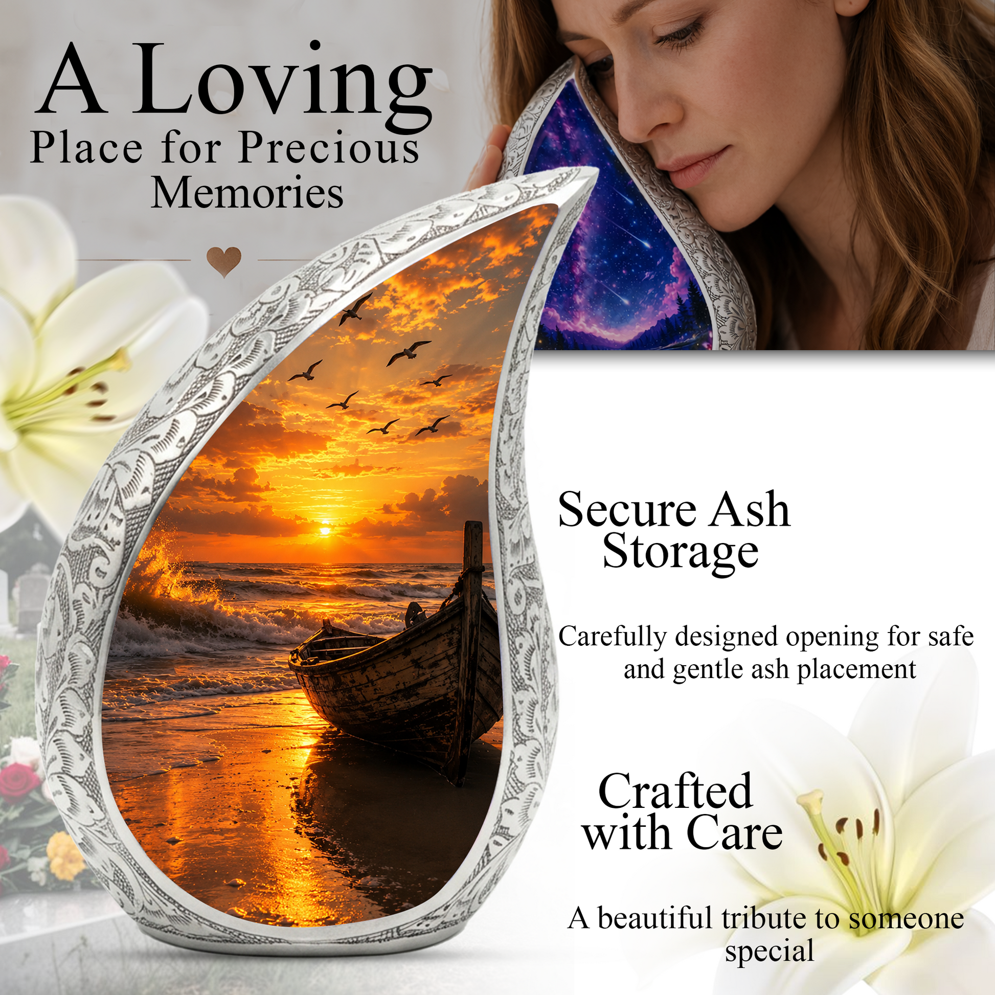 Beach Boat Cremation Urn for Human Ashes | Ocean Sunset Beach Themed Memorial Urn