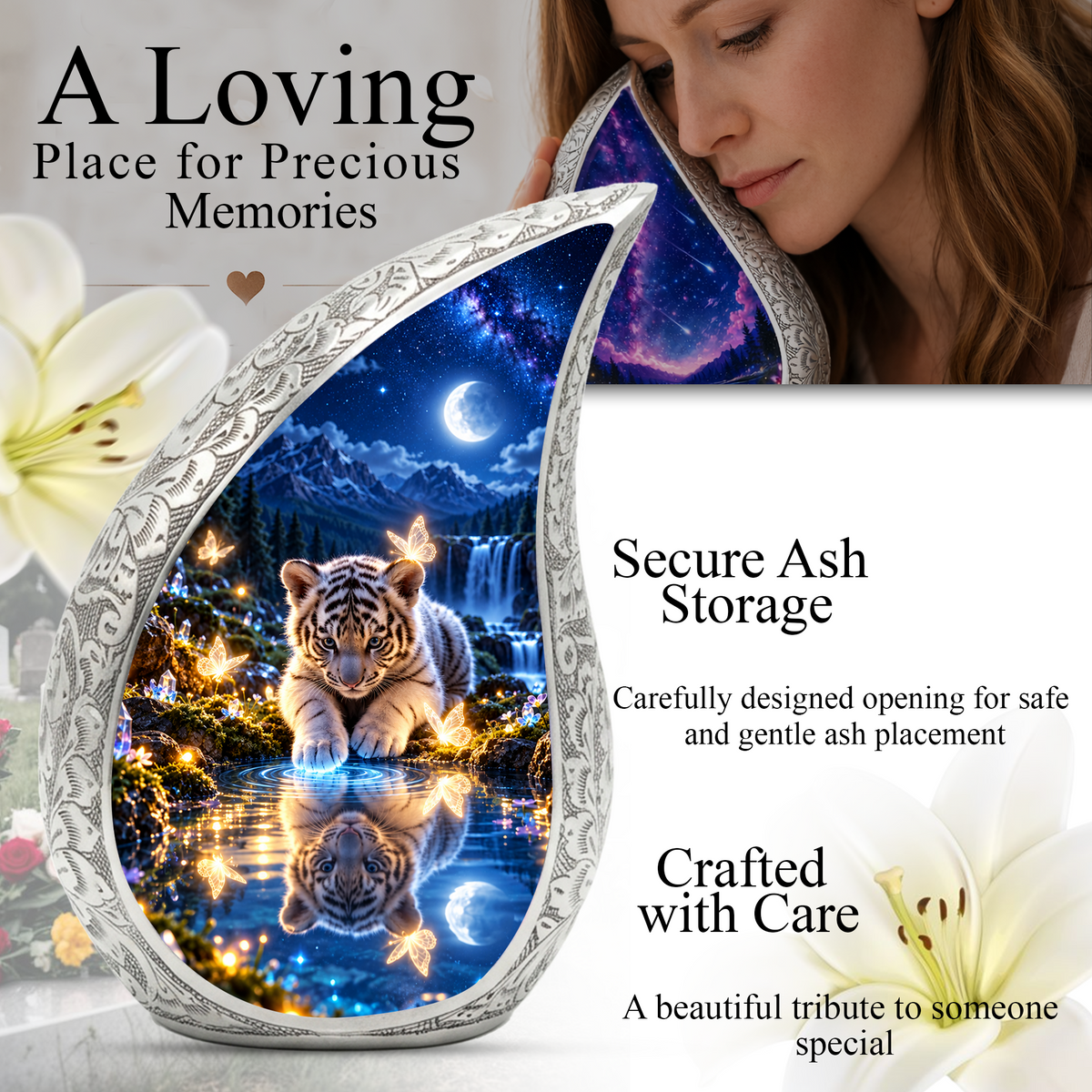 Tiger Cub Urn for Ashes, keepsake White Tiger Cremation Urn