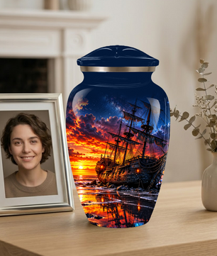 Personalized Pirate Ship Cremation Urn for Ashes, Sunset Ship Adult Memorial Urn