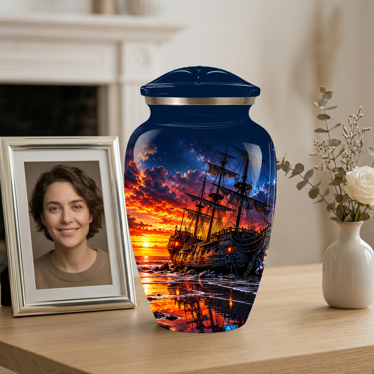Personalized Pirate Ship Cremation Urn for Ashes, Sunset Ship Adult Memorial Urn